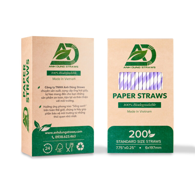 Ống hút giấy màu trắng sọc tím